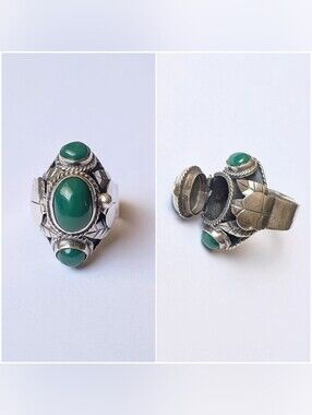 Vintage sterling silver poison pill box ring Taxco Mexico Green Onyx Turquoise?